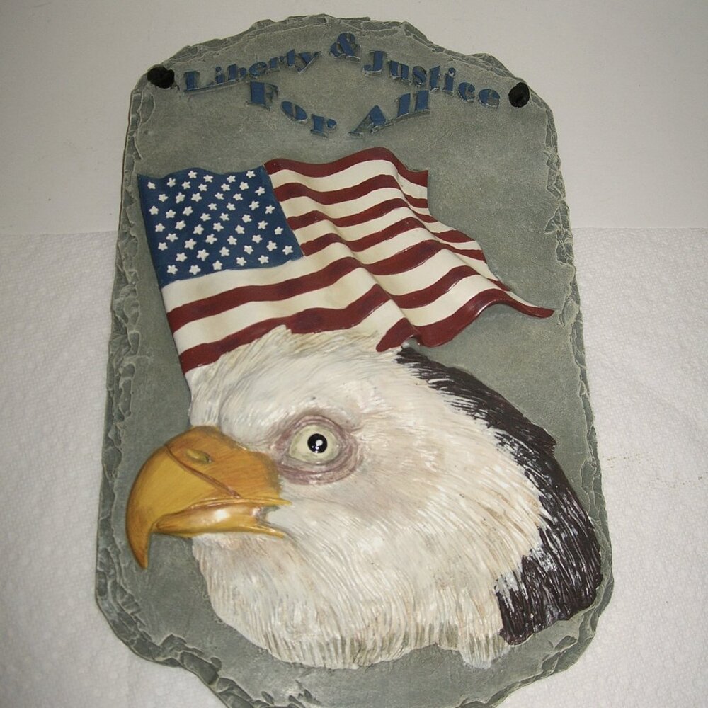 "LIBERTY & JUSTICE FOR ALL" SLATE Hanging PLAQUE Wall SIGN ~ Eagle & Flag 13"x8"
